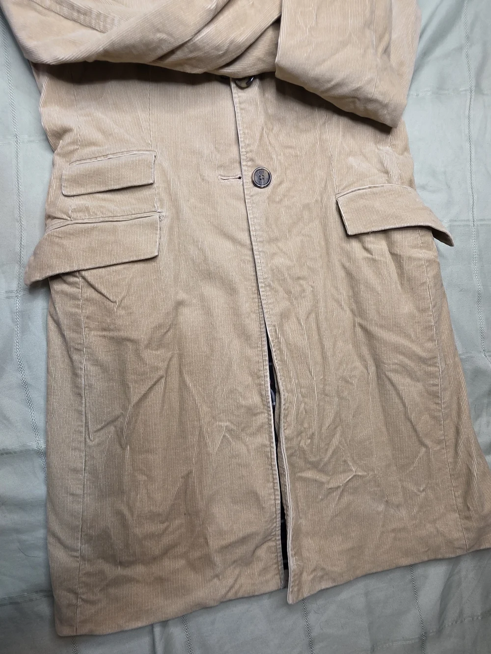 Tommy Hilfiger Y2K Tan Corduroy Long Trench Coat Plaid Lined Women's 4